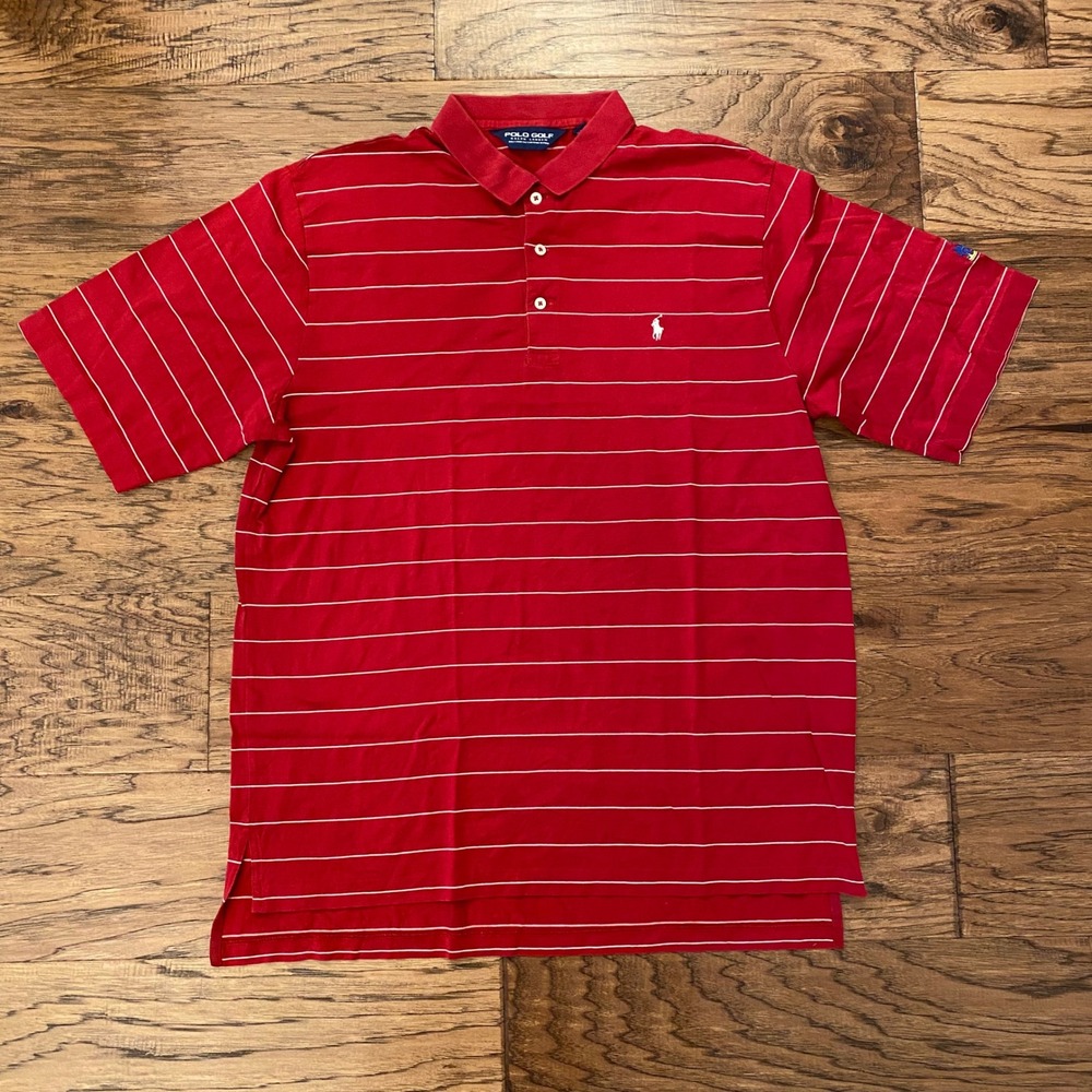 Polo Golf Ralph Lauren Mens Large Red Striped Pima Cotton Kansas Jayhawks Polo